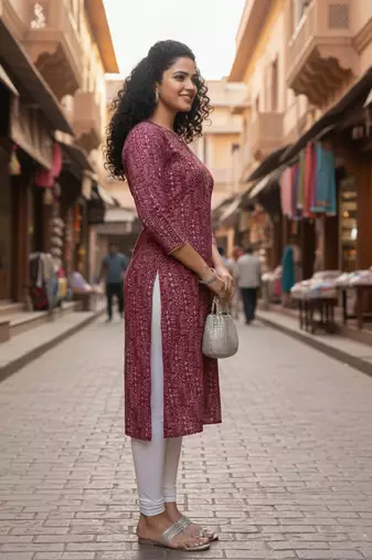 Maroon cotton blend geometric printed kurta for women