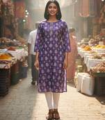 Purple cotton blend geometric printed kurta for women
