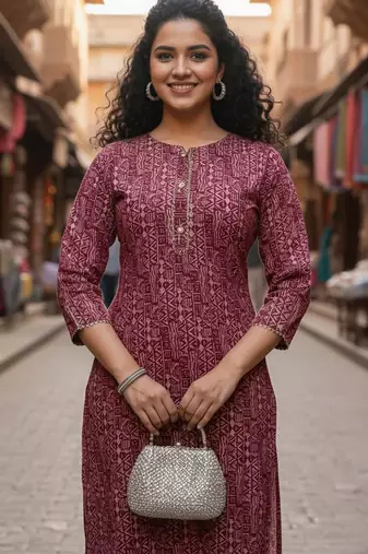 Maroon cotton blend geometric printed kurta for women