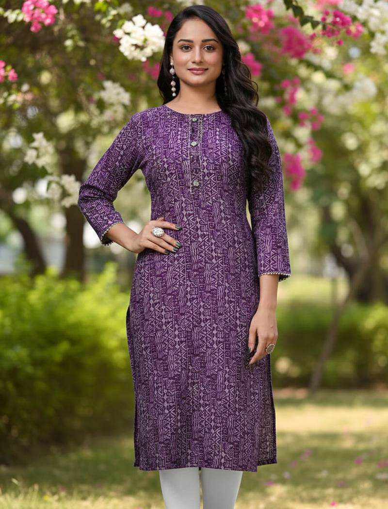 Purple cotton blend geometric printed kurta for women