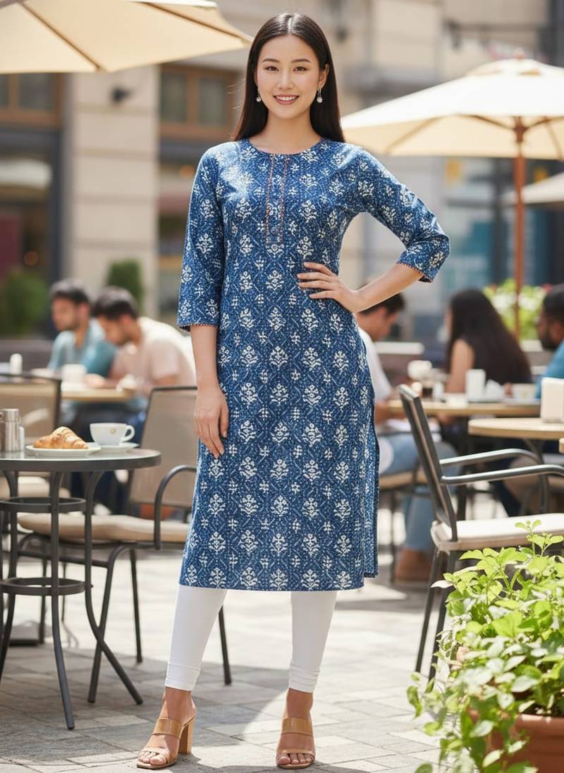 Blue cotton blend geometric printed kurta for women