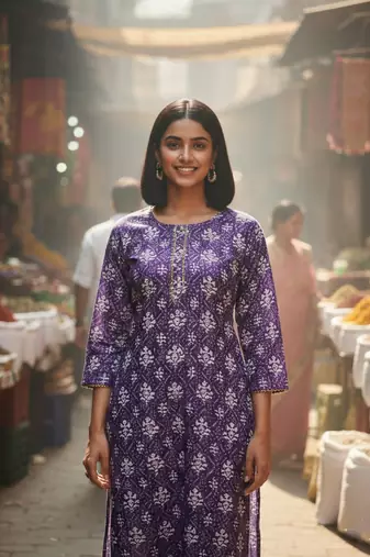 Purple cotton blend geometric printed kurta for women