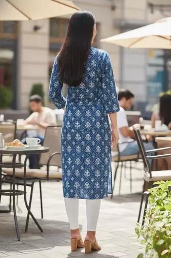 Blue cotton blend geometric printed kurta for women