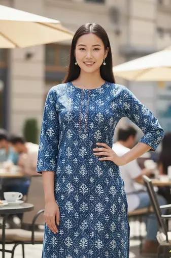 Blue cotton blend geometric printed kurta for women