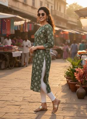 Green cotton blend geometric printed kurta for women 2