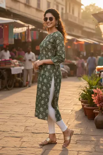 Green cotton blend geometric printed kurta for women