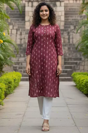 Maroon cotton blend geometric printed kurta for women