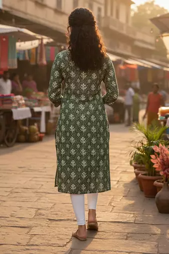 Green cotton blend geometric printed kurta for women