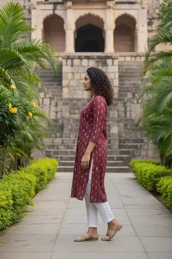 Maroon cotton blend geometric printed kurta for women