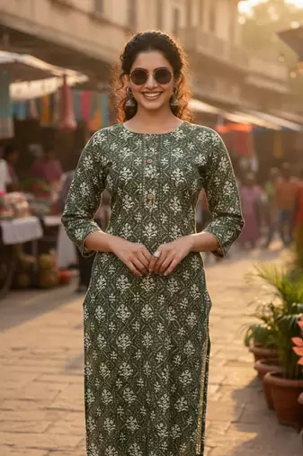 Green cotton blend geometric printed kurta for women
