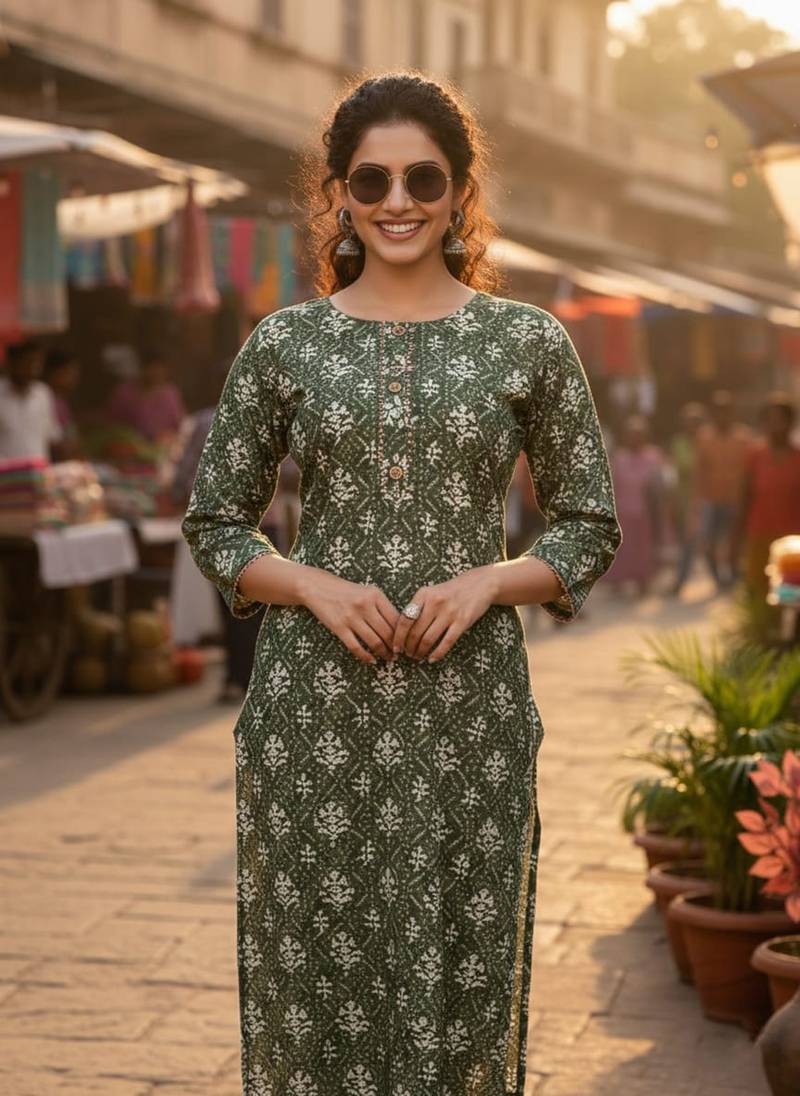 Green cotton blend geometric printed kurta for women