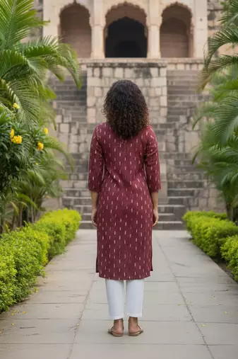 Maroon cotton blend geometric printed kurta for women