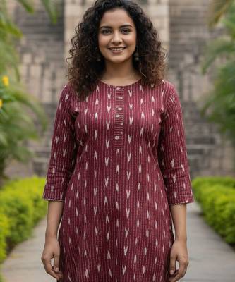 Maroon cotton blend geometric printed kurta for women 4