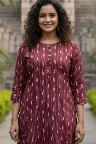 Maroon cotton blend geometric printed kurta for women