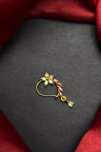 floral nath nose pin with pink cz stone, gold finish