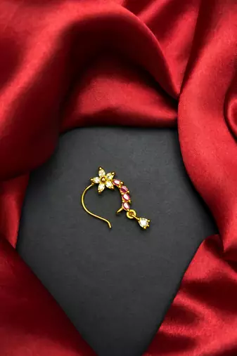 floral nath nose pin with pink cz stone, gold finish