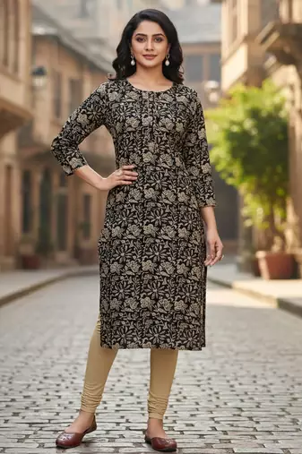 Black cotton blend geometric printed kurta for women