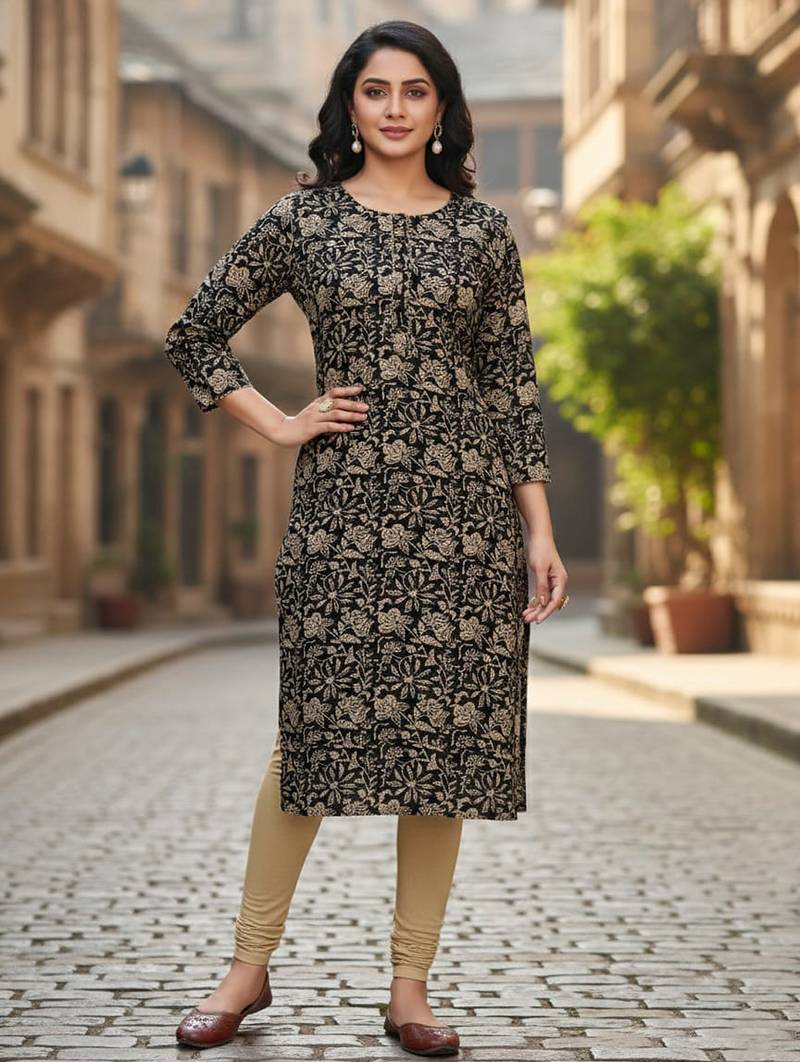Black cotton blend geometric printed kurta for women