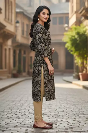Black cotton blend geometric printed kurta for women