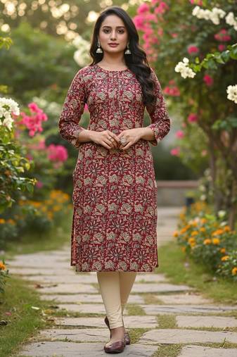Maroon cotton blend geometric printed kurta for women