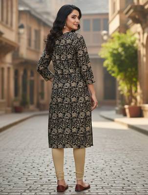 Black cotton blend geometric printed kurta for women 3