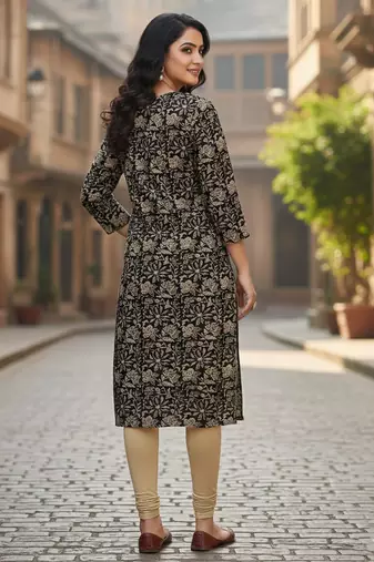 Black cotton blend geometric printed kurta for women
