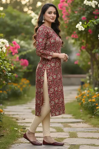 Maroon cotton blend geometric printed kurta for women