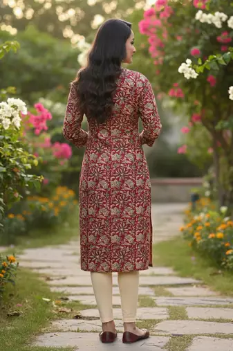 Maroon cotton blend geometric printed kurta for women