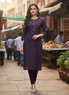 Wine cotton blend geometric printed kurta for women 1
