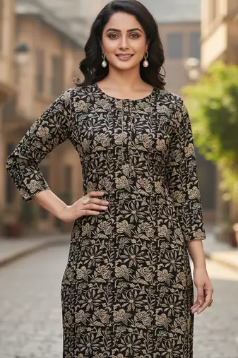 Black cotton blend geometric printed kurta for women
