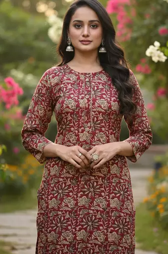 Maroon cotton blend geometric printed kurta for women