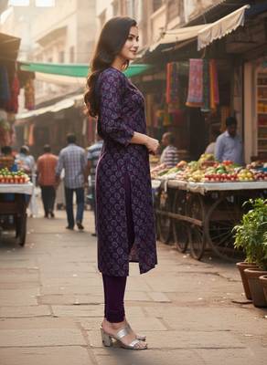Wine cotton blend geometric printed kurta for women 2