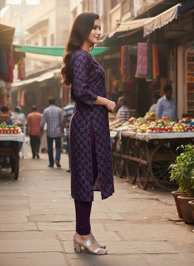 Wine cotton blend geometric printed kurta for women