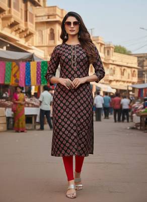 Black cotton blend geometric printed kurta for women 1