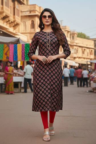 Black cotton blend geometric printed kurta for women