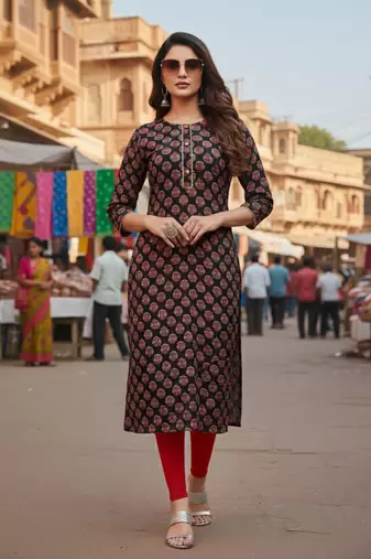Black cotton blend geometric printed kurta for women