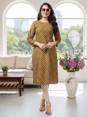 Mustard cotton blend geometric printed kurta for women 1