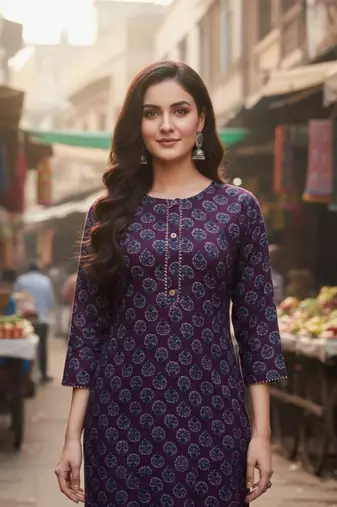 Wine cotton blend geometric printed kurta for women