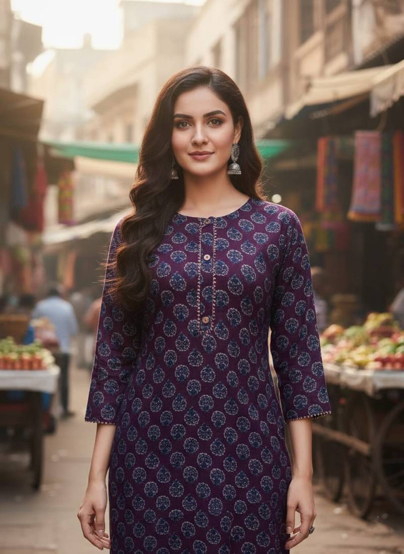 Wine cotton blend geometric printed kurta for women
