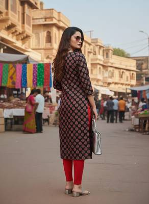 Black cotton blend geometric printed kurta for women 3