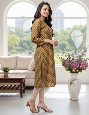 Mustard cotton blend geometric printed kurta for women 2