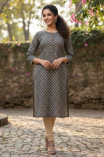 Beige cotton blend geometric printed kurta for women