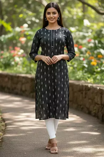 Black cotton blend geometric printed kurta for women