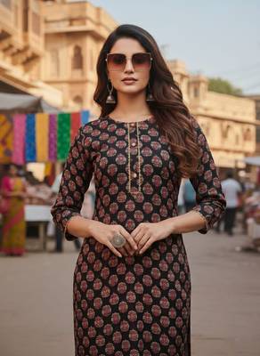 Black cotton blend geometric printed kurta for women 4