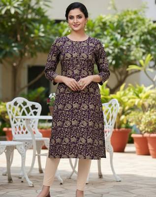 Wine cotton blend geometric printed kurta for women 1