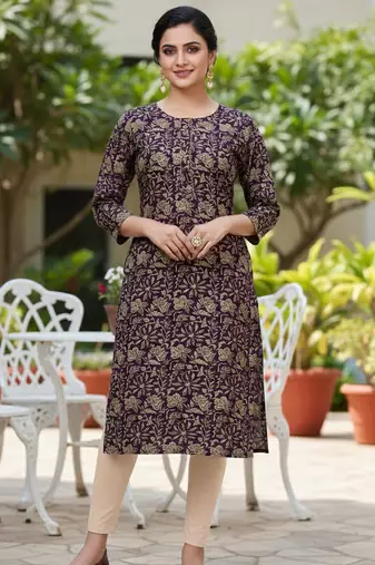 Wine cotton blend geometric printed kurta for women