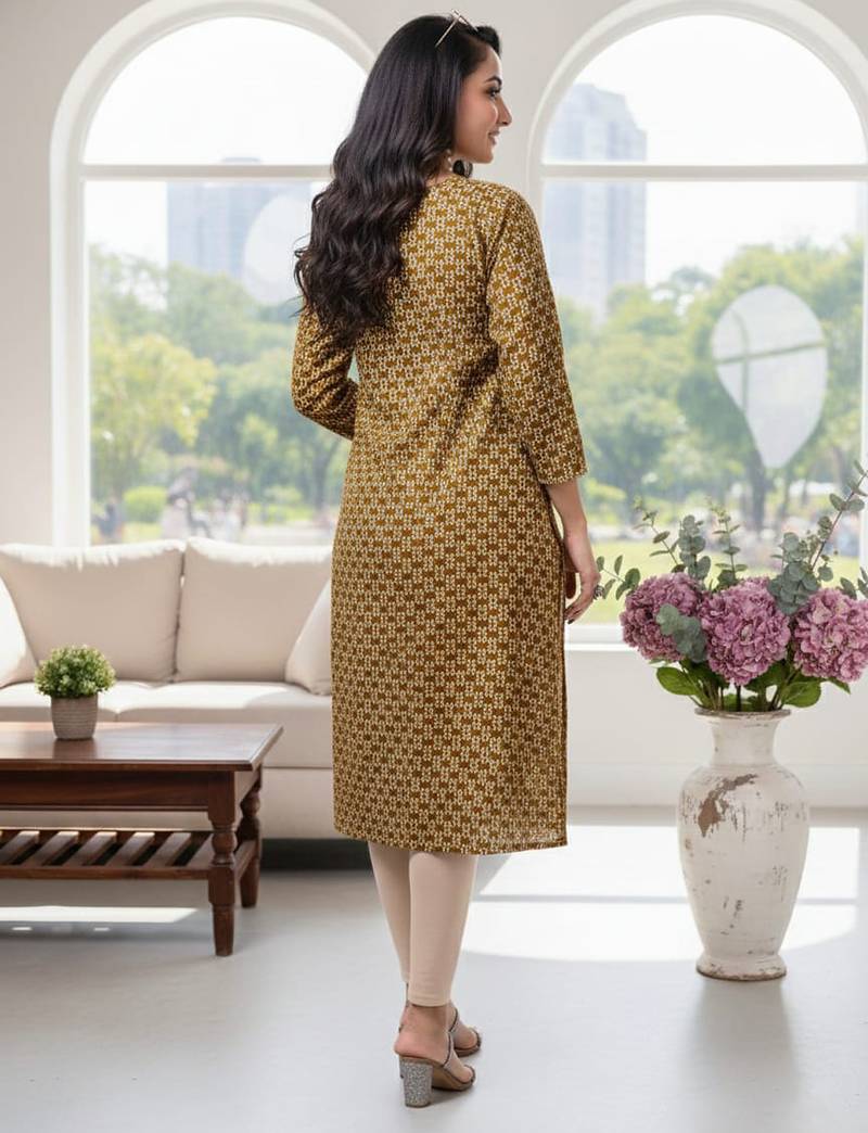 Mustard cotton blend geometric printed kurta for women