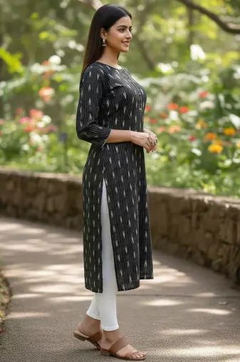 Black cotton blend geometric printed kurta for women