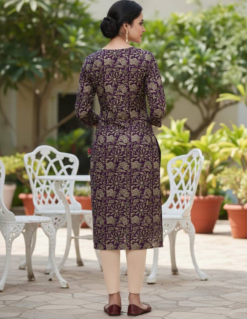 Wine cotton blend geometric printed kurta for women