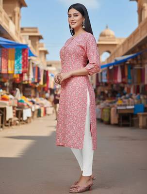 Peach cotton blend geometric printed kurta for women 2